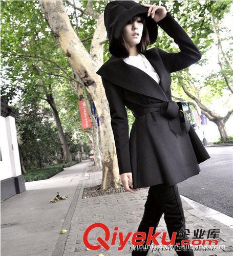 2014秋冬新款女裝 歐美帥氣 連帽打摺長款風(fēng)衣外套原始圖片3