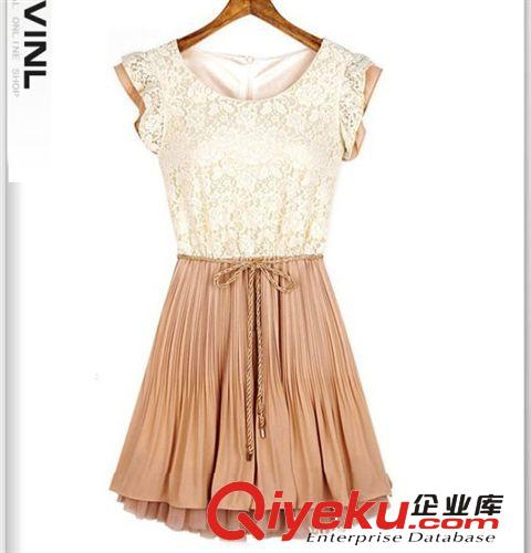 夏裝新款 歐美明星同款 蕾絲拼接 雪紡壓褶 連衣裙