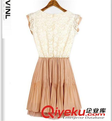 夏裝新款 歐美明星同款 蕾絲拼接 雪紡壓褶 連衣裙