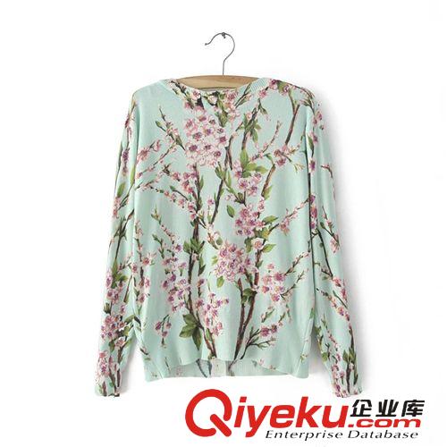 SINGKBEE 4S021 2014秋冬新款復古風桃花印花單排扣針織開衫女原始圖片2