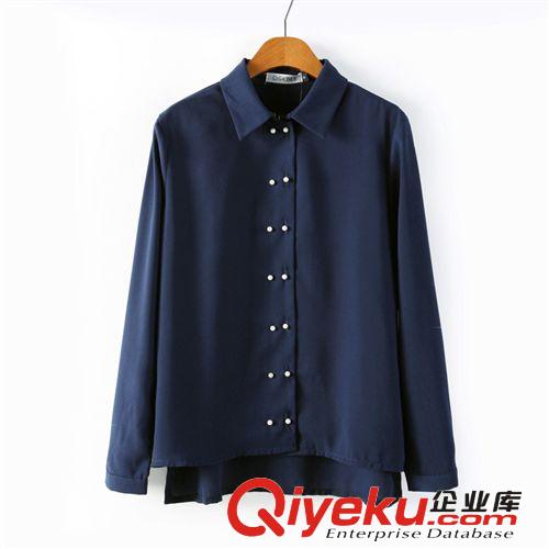 廠家直銷4M113 2014春新款雙排珍珠扣前短后長翻領(lǐng)長袖襯衫襯衣原始圖片2