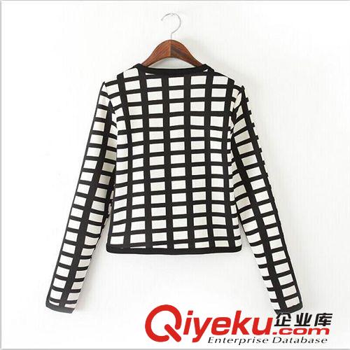 SINGKBEE 4L146 2014春夏新款歐美風(fēng)黑白格紋無扣開衫短外套夾克原始圖片2