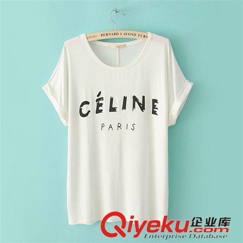 【淘貨源】36152女裝爆款批發(fā) 字母印花卷邊短袖 寬松圓領(lǐng)打底T恤原始圖片2