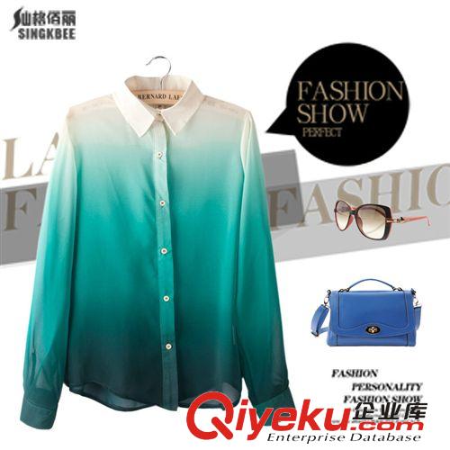 廠家直銷3A003 2014早春女裝批發(fā)漸變色垂順翻領(lǐng)長袖雪紡襯衫襯衣原始圖片2