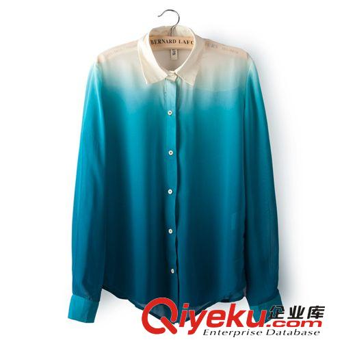 廠家直銷3A003 2014早春女裝批發(fā)漸變色垂順翻領(lǐng)長袖雪紡襯衫襯衣原始圖片3