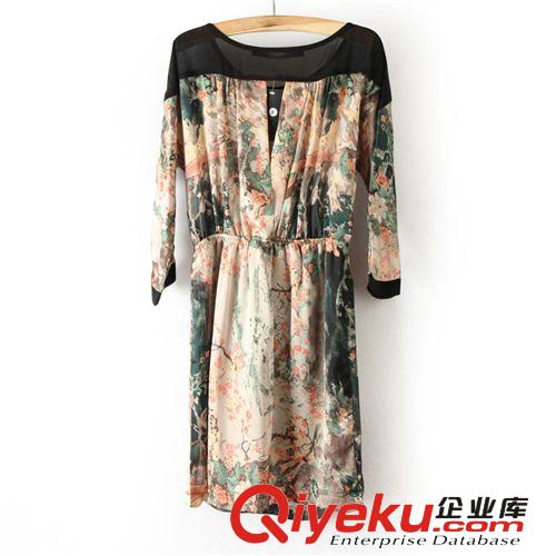 【淘貨源】33188歐美女裝 山水印花網(wǎng)紗拼接 圓領中袖連衣裙原始圖片2