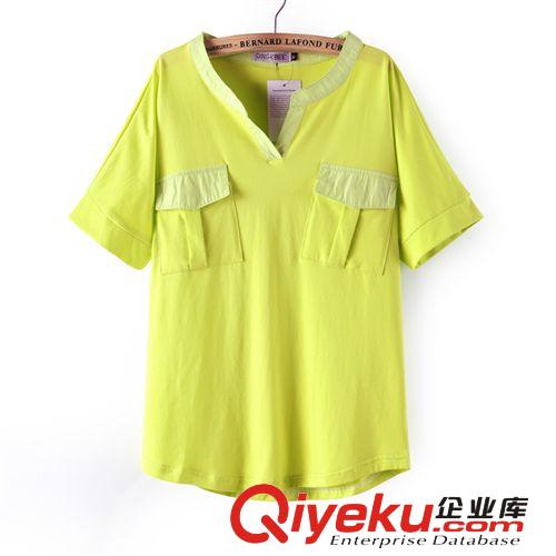 【淘貨源】5M005 2014夏新款舒適彈力V領(lǐng)雙口袋短袖套頭襯衫襯衣原始圖片2