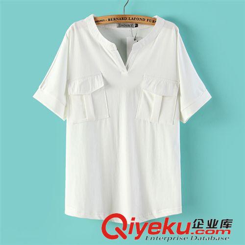 【淘貨源】5M005 2014夏新款舒適彈力V領(lǐng)雙口袋短袖套頭襯衫襯衣原始圖片3