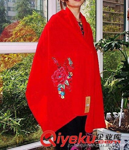 中國民族風女裝經緯竹節棉線繡花大圍巾