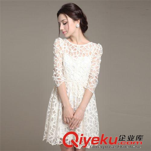 2014新款女裝韓版甜美打底裙 修身九分袖蕾絲歐根紗連衣裙原始圖片2