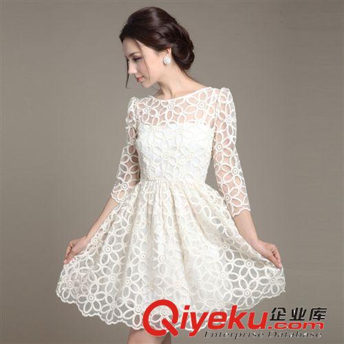 2014新款女裝韓版甜美打底裙 修身九分袖蕾絲歐根紗連衣裙原始圖片3