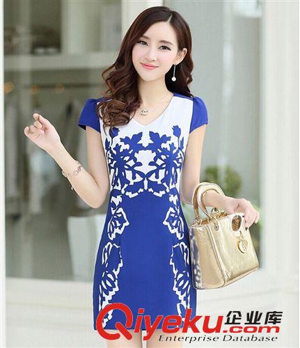 2014夏裝新款大碼女裝修身顯瘦青花瓷印花V領雪紡連衣裙304406原始圖片3