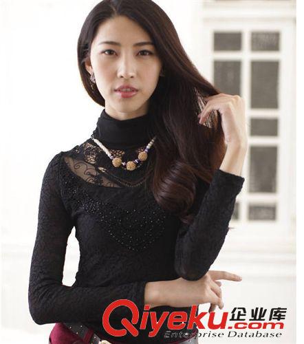 2013秋冬裝女士歐韓版蕾絲高領(lǐng)修身長(zhǎng)袖打底衫加絨原始圖片2