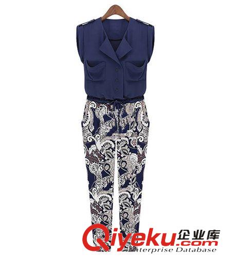 歐美風(fēng) 2014新款翻領(lǐng)無袖碎花拼接連體褲 長褲300807原始圖片2