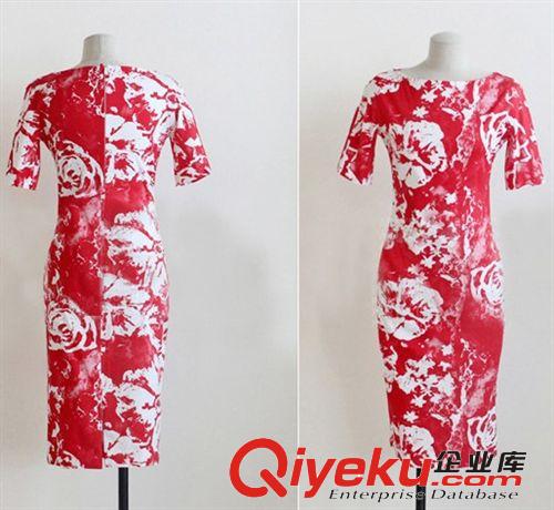 2014新款春裝一字領修身印花包臀連衣裙女韓版短袖印花長裙105102原始圖片3