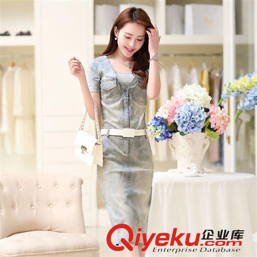 2014新款熱賣歐美修身牛仔布長裙 品牌女裝連衣裙XLX30 配腰帶