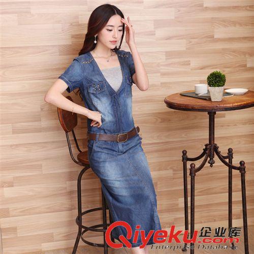 2014新款熱賣歐美修身牛仔布長裙 品牌女裝連衣裙XLX30 配腰帶