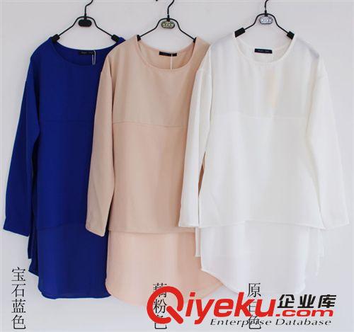 2014春季女裝雪紡衫 圓領(lǐng)長袖拼接 修身長款假兩件 不對稱打底衫