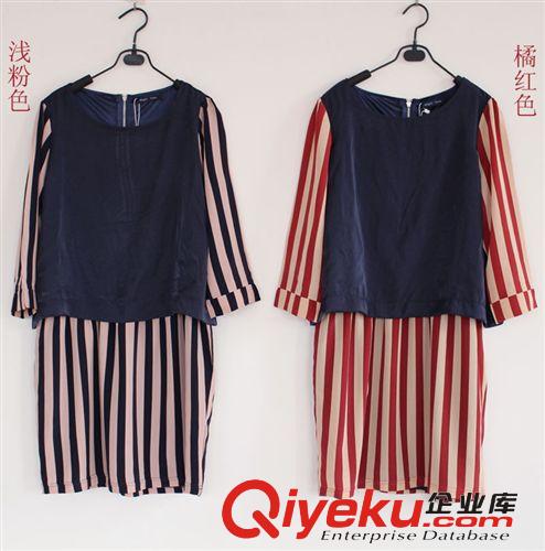 2014春季韓版女裝時尚連衣裙 圓領條紋拼接荷葉邊 長袖兩件套