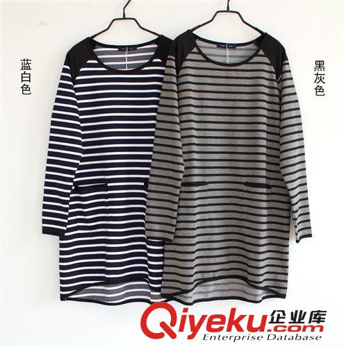 14年韓版女裝新品針織衫 簡約條紋拼接圓領(lǐng)大口袋 長袖百搭打底衫