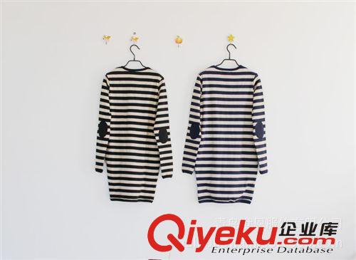外貿女裝秋冬季新款  時尚寬條紋拼撞色大口袋 圓領修身打底裙原始圖片2