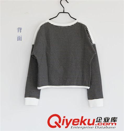 秋冬外貿(mào)女裝短款百搭小外套 撞色條紋拼接圓領(lǐng)  女蝙蝠袖上衣原始圖片2