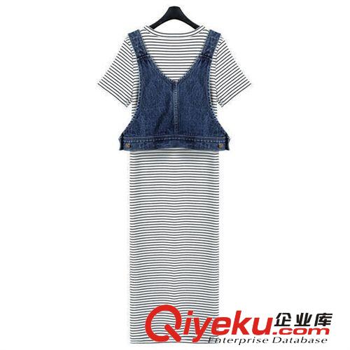 修身?xiàng)l紋裙子 批發(fā)裙子 爆款服裝 條紋拼接連衣裙配牛仔馬甲原始圖片2