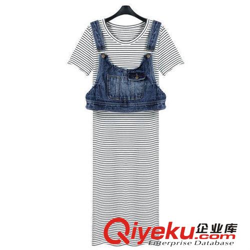 修身?xiàng)l紋裙子 批發(fā)裙子 爆款服裝 條紋拼接連衣裙配牛仔馬甲原始圖片3