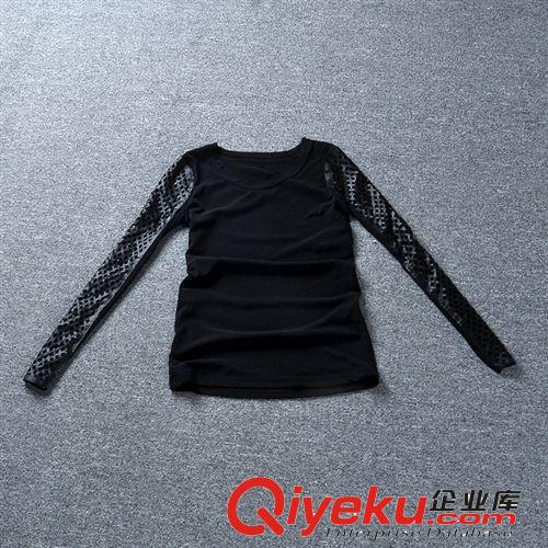 歐洲站24秋新款歐美時尚長袖圓領(lǐng)網(wǎng)狀拼接彈力T恤 一件代發(fā)原始圖片2