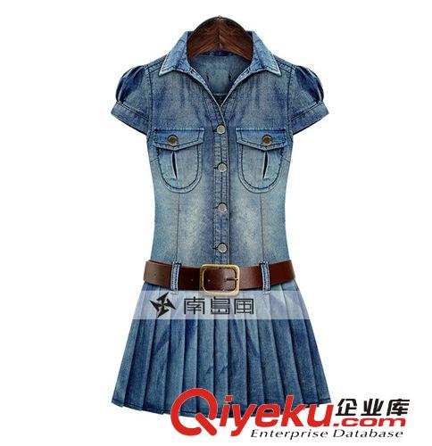 201新款歐美大碼女裝牛仔連衣裙 水洗牛仔裙修身短袖胖MM顯瘦原始圖片2