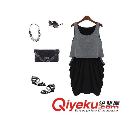 一件代發(fā)大碼女中裙 夏裝新款歐美背帶款公主裙 假兩件套棉連衣裙原始圖片3