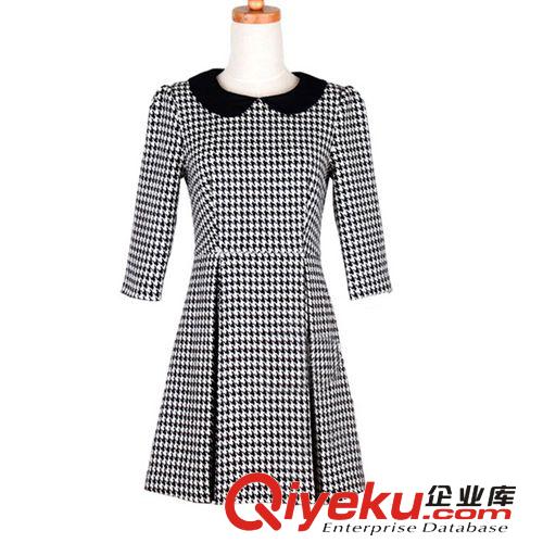 2014秋新款歐美中裙 毛呢千鳥格子公主裙 長袖娃娃領(lǐng)棉連衣裙廠家原始圖片3