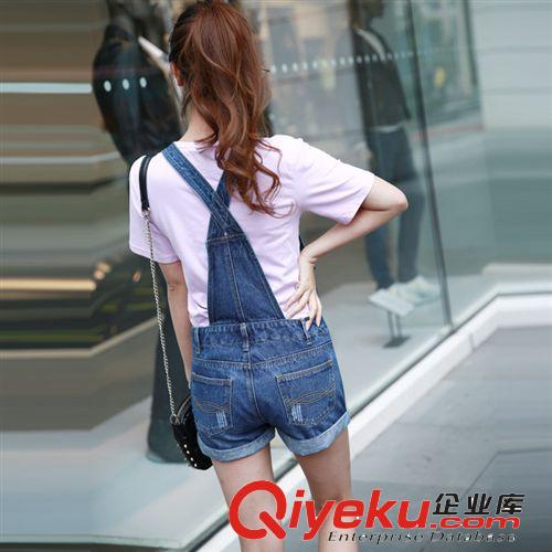 EKLA 韓版百搭牛仔背帶褲短褲 女 卷邊高腰牛仔短褲一件代發 批發原始圖片2