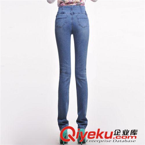 依酷狼 復(fù)古四排扣高腰牛仔褲 女 小直筒時(shí)尚收腰顯瘦鉛筆長(zhǎng)褲原始圖片2