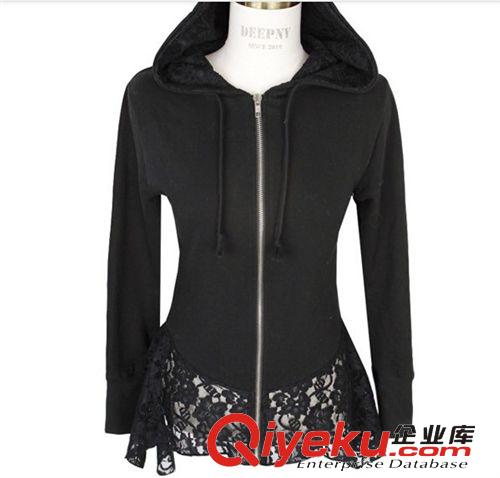 新款春秋裝女款甜美修身純色蕾絲下擺帶帽長袖外套原始圖片3