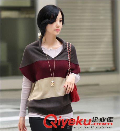 2013秋款韓版百搭三色拼接蝙蝠袖寬松大V領針織衫毛衣原始圖片2