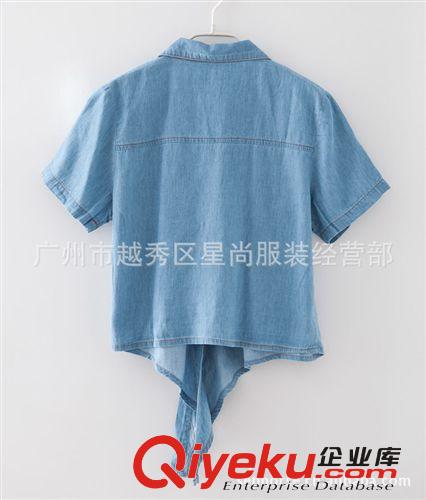 2013春裝新款女裝 韓版百搭水洗藍色翻領打結牛仔襯衫女短袖襯衣原始圖片2