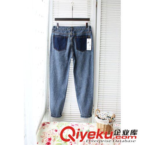 2014現(xiàn)貨新品后口袋撞色破洞乞丐褲寬松牛仔褲原始圖片2