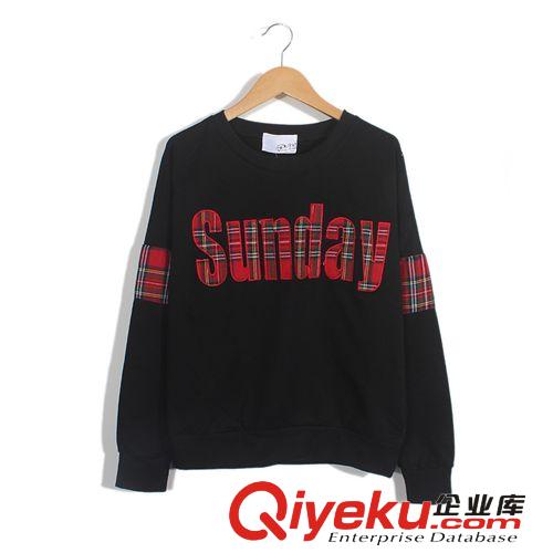 2014格子長袖拼接繡花sunday字母春夏韓同款原宿風圓領衛衣原始圖片2
