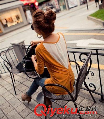 2014秋裝新款女裝 瑞麗 韓版女裝 薄紗拼接純色長袖針織衫T恤原始圖片3