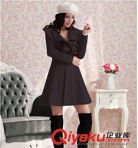 2014秋裝新款女裝 歐美長(zhǎng)款荷葉邊毛呢外套羊毛大衣原始圖片2