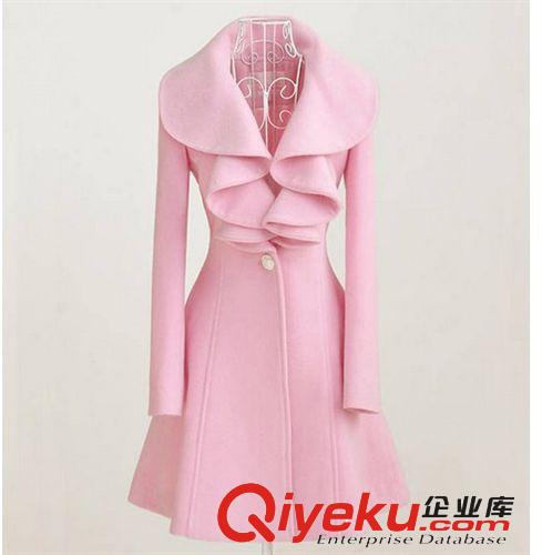 2014秋裝新款女裝 歐美長(zhǎng)款荷葉邊毛呢外套羊毛大衣原始圖片3