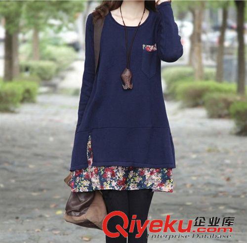 2014春裝新款加厚韓版碎花拼接女士連衣裙 休閑大碼長(zhǎng)袖打底裙原始圖片2