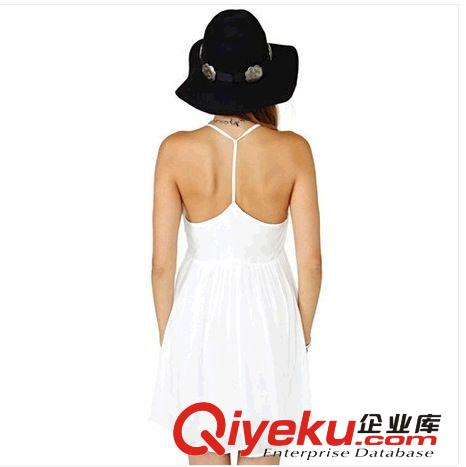 2014夏裝歐美性感時尚抽褶深V領T字露背純色吊帶裙連衣裙原始圖片3