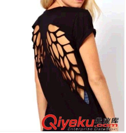 2014夏裝新款 歐美后背激光雕刻鏤空天使翅膀黑色圓領(lǐng)短袖女T恤