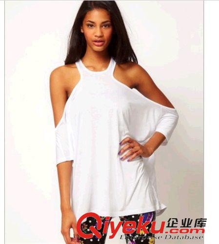 2014夏季歐美 外單 超闊露肩工字后背灰色T恤 個(gè)性鏤空寬松T恤原始圖片3