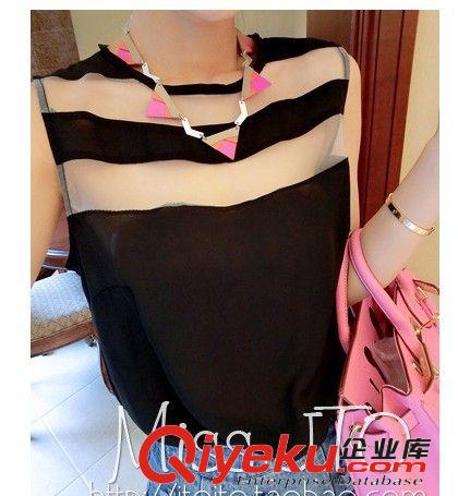 2014夏裝新款女裝 歐美純色氣質(zhì)歐根紗拼接小透明無袖雪紡背心原始圖片3