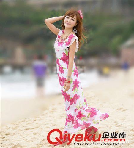 2014新版雪紡連衣裙寬領花邊雪紡裙淑女連衣長裙波西米亞長裙8750