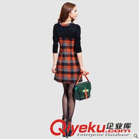 52# 2014秋裝新款連衣裙 韓版修身顯瘦格子長袖打底連衣裙 五碼