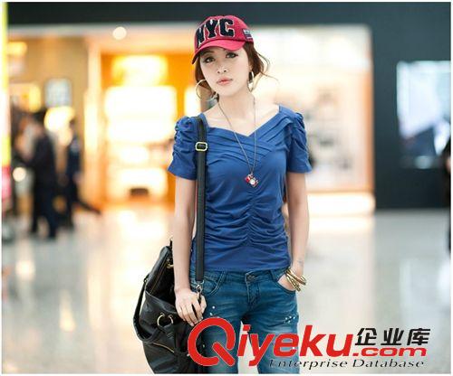 2013爆款夏裝修身顯瘦泡泡袖純棉V領(lǐng)短袖t女 打底衫女式T恤6色原始圖片2
